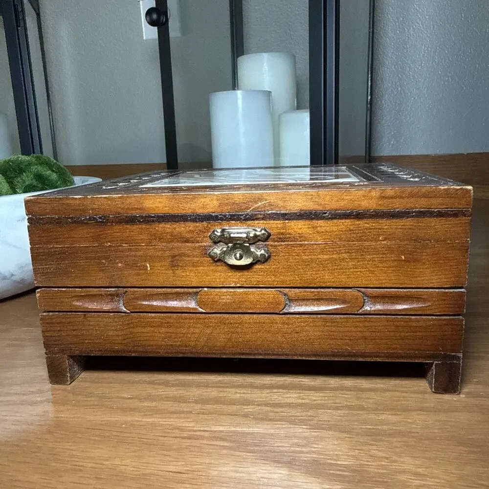 Vintage Carved Wood Tile Top Box Boho Jewelry Keepsake Rustic Decor 7x7x3.25